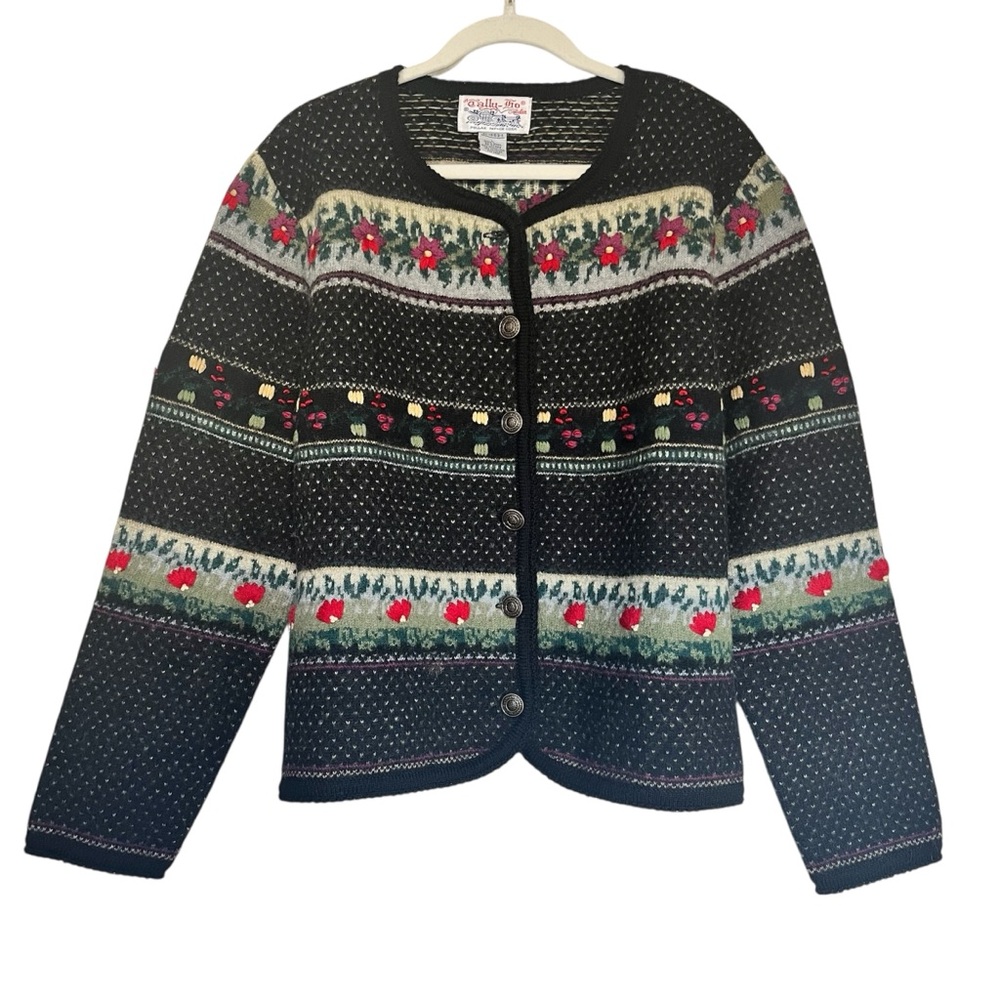 Vintage Tally-Ho Wool Cardigan Sweater Floral Embroidered Nordic Size L